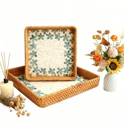 1 pcs Rectangle Rattan Serving Tray with Mother of Pearl Inlay, Decorative Wicker Tray for Coffee, Bread, Fruits, Elegant Table Decor for Living Room & Dining Room
