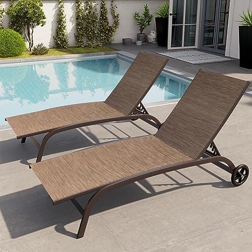 Crestlive Products Outdoor Chaise Lounge Chairs with Wheels Set of 2, Pool Lounge Chairs with 5 Adjustable Position for Patio, Poolside, Yard, Brown