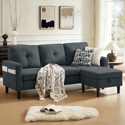 Pingliang Home 80" Convertible Sectional Sofa Couch with Movable Ottoman, 3 Seats Sectional Sofas L Shaped Couch for Small Spaces, Soft Fabric Couch for Living Room (Dark Grey)