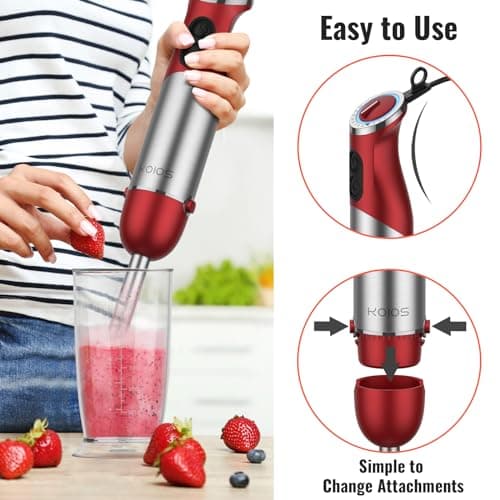 KOIOS 5-in-1 Hand Immersion Blender, 1000W 12 Speed Handheld Blender Stick with Copper Motor Stainless Steel Blade, 600ml Mixing Beaker,500ml Food Processor, Whisk, Milk Frother, Non-BPA, Red 5