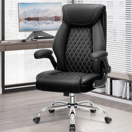 BestGlory Office Chair, Ergonomic High Back Home Office Desk Chair, Big and Tall Breathable Leather Office Chair with Lumbar Support Flip-Up Armrests, Computer Gaming Chair with Rocking Function