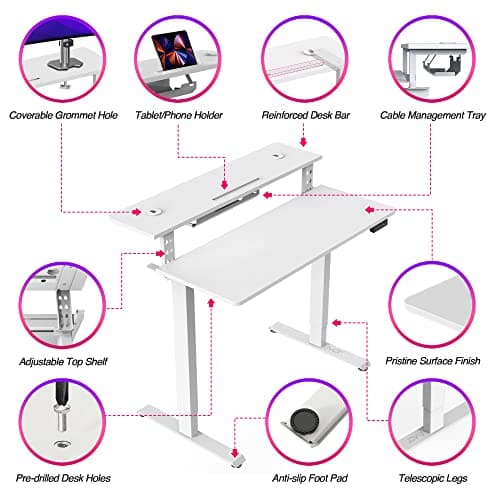 AVLT 47″ Electric Standing Desk with Dual-Tier Shelf & Tablet Holder – Height Adjustable Sit-Stand Desk for Home Office, Motorized Frame Supports 176 lbs (80kg), Includes Tabletops – White 6