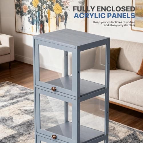 Magshion Display Cabinet, 4-Tier Curio Cabinet with Acrylic Doors, 55" Tall Display Case for Collectibles, Showcase for Living Room, Bedroom, Playroom, Grey, 13" D x 16" W x 55" H 7