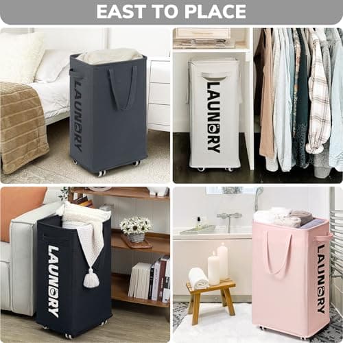 Goodpick Laundry Basket with Wheels, Laundry Hamper with Removable Wash Bag, Clothes Hamper, Rolling Laundry Basket, Dorm Room Essentials, 75L, Grey 8