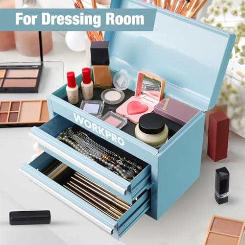 WORKPRO Mini Metal Tool Box with 2 Drawers and Top Storage, Small Tool Chest with PVC Liners and PP Feet Pads, Cold Rolled Steel Toolbox with Magnetic Tab 6