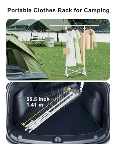 Runsand No Installation Clothes Rack,Portable Folding Carbon Steel Garment Rack - Versatile Heavy Duty Coat Rack with 4 hooks for Indoor and Outdoor Use - great for Home, Camping,Travel (White) 5
