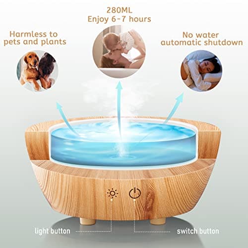 Glass Essential Oil Diffuser Wood Grain Base, 280ml Aromatherapy Diffusers Cool Mist Humidifier, LED Light in 7 Colors with Waterless Auto-Off Protection, for Office, Home, Yoga, Spa 5