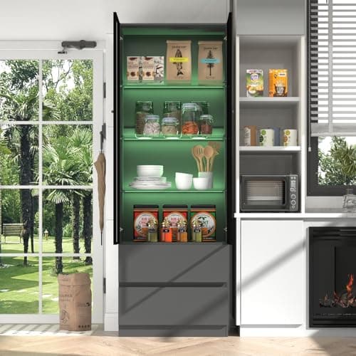 ZORPLIX Glass Display Cabinet with LED Lights, Display Cabinet with 2 Glass Doors, Storage Cabinet with 4 Adjustable Shelves and 2 Drawer, Curio Cabinet for Collectibles, Living Room 8