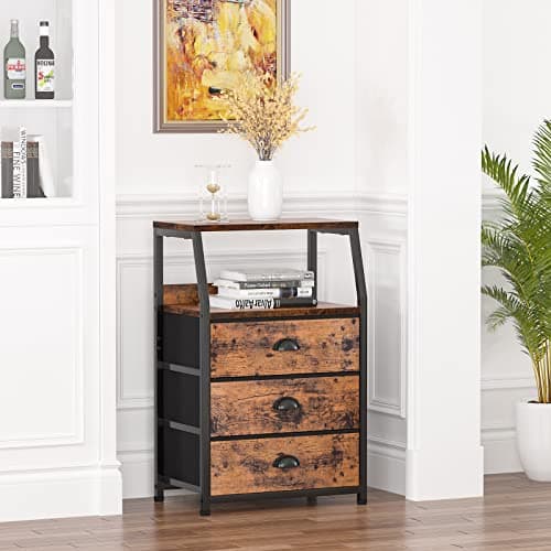 Furnulem Nightstand with 3 Drawers and 2-Tier Shelf, Fabric Small Dresser Organizer Vertical Storage Tower for Bedroom, Closet, Hallway, Nursery, End Table Side Furniture, Sturdy Steel Frame, Wood Top 8