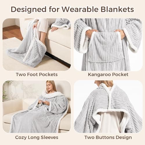 Electric Blanket Heated Throw, Soft Flannel & Sherpa Wearable Heated Blanket with Sleeves, Heating Wearable Blanket with 6 Heating Levels & 12H Auto Off, ETL Certified, Home Office Use 52x72 Inch Grey 5
