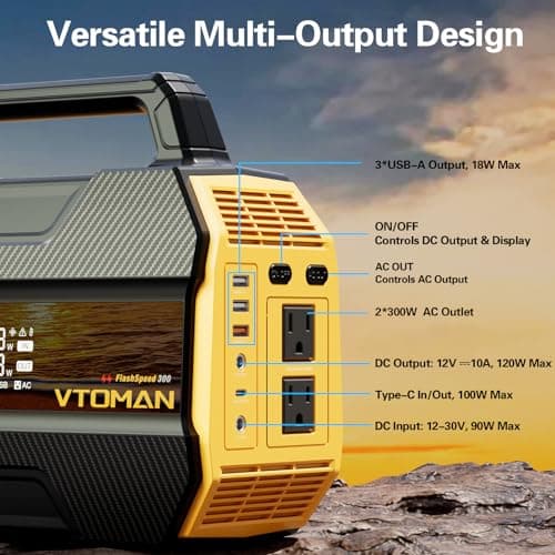 VTOMAN FlashSpeed 300 Portable Power Station, 300W 230Wh LiFePO4 Battery with 3000 Life Cycles, 100W PD USB-C Fast Charge, 6 Outputs for Outdoor Camping, Home Backup, RV, Off-Grid 5