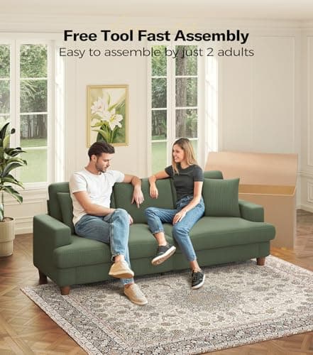 87in Corduroy Couch, Kidirect Sofa No Tool Assembly, Comfy Couches for Living Room 21in Deeper Seats, Corduroy Sofas for Living Room with 2 Pillows, Oversized Loveseat Sofa, Boho Love Seat Green Couch 9