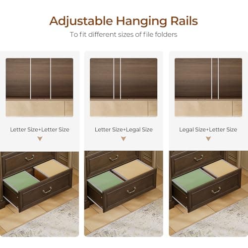 Sikaic 3 Drawer File Cabinet, Farmhouse Filing Cabinet for Letter/Legal Size, Wooden Extended Desktop, Wood Lateral File Cabinets with Printer Stand for Home Office, Framed Drawer Fronts, Retro Brown 5