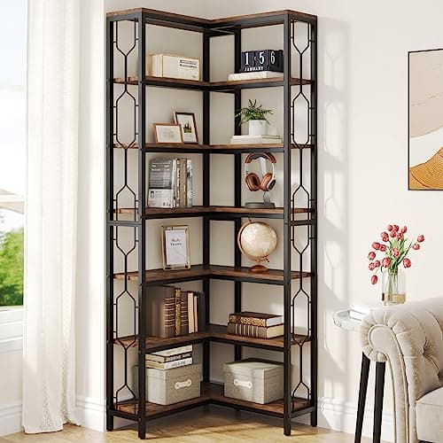 Tribesigns Corner Shelf, 7-Tier Industrial Corner Bookshelf, Wood and Metal Etagere Bookcase, Freestanding Display Shelf for Living Room, Kitchen, Home Office, Rustic Brown