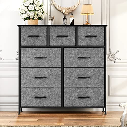 OLIXIS Dresser for Bedroom, 9 Storage Drawers, Wide Fabric Closet Chests Organizer Tower Furniture, TV Stand with Wooden Top Metal Frame for Clothes, Living Room, Hallway, Entryway, Classic Grey 7