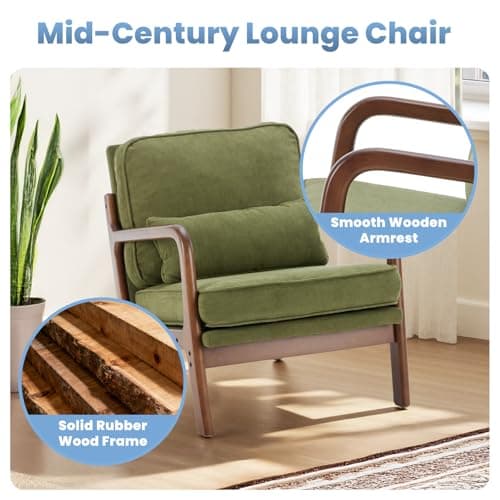 DUMOS Mid Century Accent Chair, Modern Living Room Chairs with Arms and Waist Cushion, Reading Chairs for Adults, Lounge Chair for Bedroom, Solid Wooden Frame, Classic Green 6
