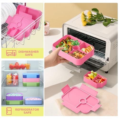 HOMETALL Bento Lunch Box for Kids - Leakproof Bento Box with 6 Compartments Portions Lunchbox for Kids Ages 3 to 7 Back to School, BPA-Free Snack Packing Containers Reusable On-the-Go Meal Prep, Pink 6