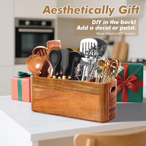 Kitchen Utensil Holder for Counter or Countertop, Extra Large Acacia Wood Organizer with 4 Compartments, Wooden Storage for Cooking and Silverware, Rustic Minimalist Decor, Sturdy Utensil Crock 6