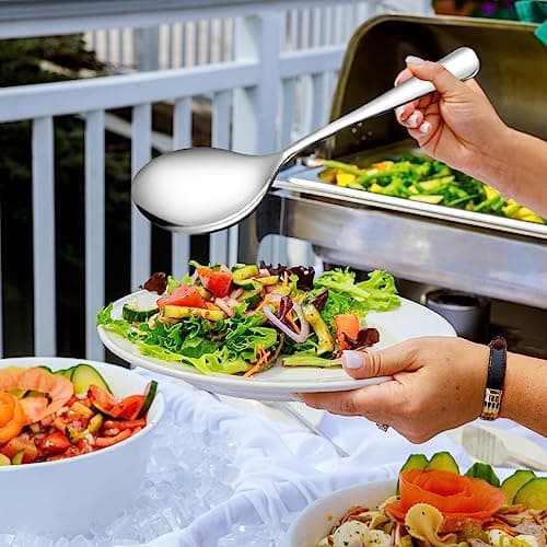 Teivio Stainless Steel Metal Serving Utensils - Large Set of 9-10" Spoons, 10" Slotted Spoons, and 9" Tongs (Silver) 5