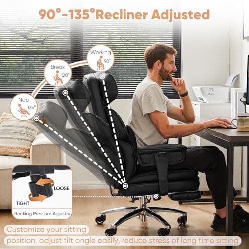 Sweetcrispy Executive Home Office Desk Chair Ergonomic Big Tall High Back with Footrest & Lumbar Support, Reclining Height Adjustable Comfy PU Leather Computer Gaming with Swivel Wheels, Black 5
