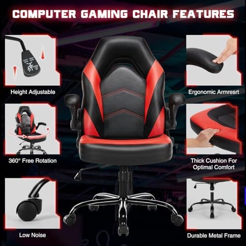 DUMOS Ergonomic Computer Gaming Chair - Home Office Desk with PU Leather Lumbar Support, Height Adjustable Big and Tall Video Game with Flip-up Armrest, Swivel Wheels for Adults and Teens 6