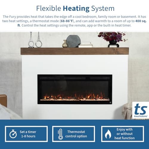 Touchstone Smart Electric Fireplace-The Fury 65" Wide- 4.5" Thin in Wall Recessed-100 Realistic Flame/Ember Bed Color Combos-1,500W Heater-Larger Viewing Area-Alexa/WiFi Enabled 7