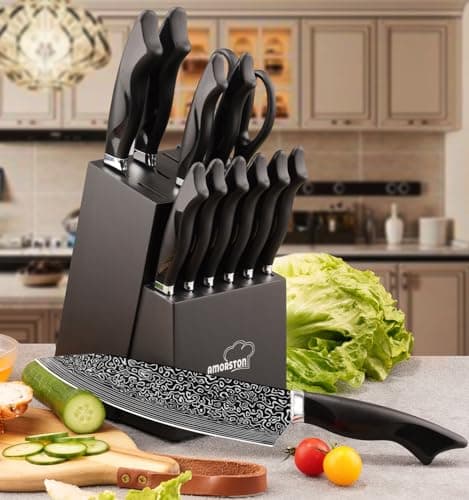 Knife Set, 15 Pieces Kitchen Knife Block Set with Built in Knife Sharpener Block, Dishwasher Safe, German Stainless Steel Knife Sets for Kitchen with Block, Best Gift 9