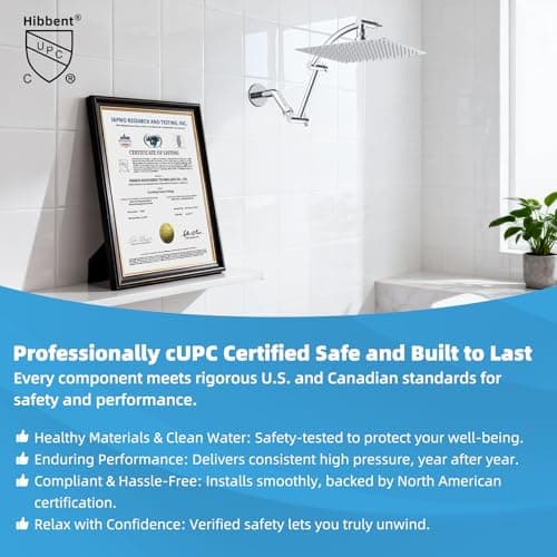 Hibbent All Metal cUPC Certified Rain Shower Head, 10'' High Pressure Rainfall Showerhead with 16" Shower Head Extension Arm, Solid Brass Adjustable Shower Arm Extender, fixed Showerheads, Chrome 7