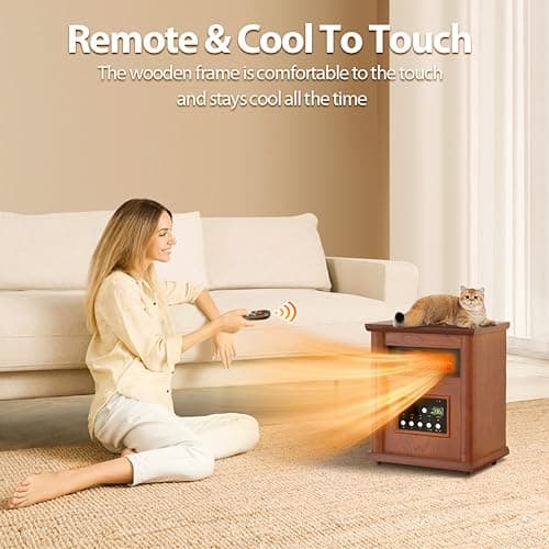 Electric Infrared Space Heaters for Indoor Room Use, LifePlus 1500W Box Space Heater with Wood Frame, Remote Control and Timer, Multiple Security Protections, Nice for Living Room Home Office 7