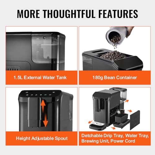 VEVOR Automatic Espresso Machine - Built-In Grinder, 15 Bar Auto Coffee Machine with 15-Level Grinding Settings, Professional Espresso Coffee Maker with 1.5L Water Tank and 180g Bean Hopper 6