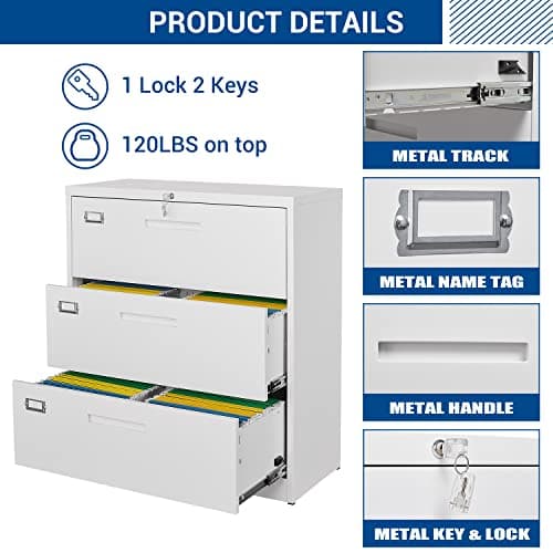 Fesbos Lateral File Cabinet with Lock, 3 Drawer Large Metal Filing Cabinet,Home Office Lockable Storage Cabinet for Hanging Files Letter/Legal/F4/A4 Size-Assembly Required 6