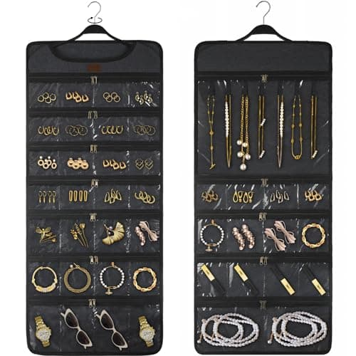 SMRITI Hanging Jewelry Organizer with Dual Zippered Pockets Canvas Double Sided Rotating Hanger Necklace Hanging Wall Organizer Earring Dustproof Holder Wall Mount Accessories Display Bag(Dark Grey)