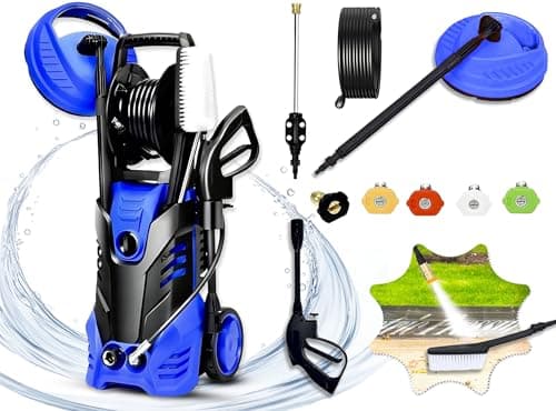 Electric Power Washer, Harigal 4000 Max PSI, 2.6 GPM Pressure Washer Machine with Surface Cleaner Hose Reel, 5 Quick-Connect Nozzles, Spray Gun, Brush for Car/Patio/Driveways Cleaning (Blue)