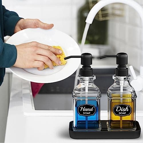 LMQML Soap Dispenser - 2 Pack, Antique Design Thick Glass Hand Soap Dispensers with Sturdy Tray; 304 Rust Proof Stainless Steel Black Pump, 12Pcs Stickers, for Kitchen, Bathroom 6