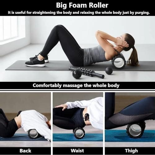 Aucuu 6 in 1 Foam Roller Set Includes Hollow Core Massage Roller, Yoga Stick, Massage Ball, Fitness Stretching Strap, Carrying Bag, Towel, Massage Roller (Black) 5