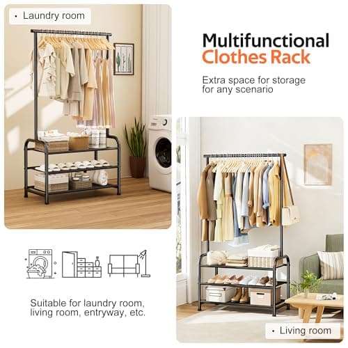 MISSLO Sturdy Clothing Racks for Hanging Clothes with 3 Shelves Garment Rack Heavy Duty Clothes Rack with Shoe Storage for Coats, Garment, Dress, Black 5