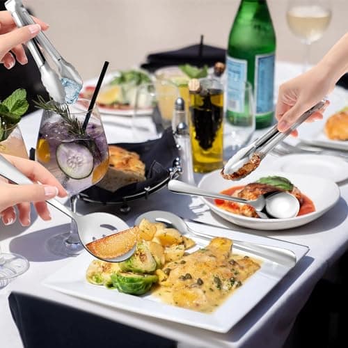12PCS Stainless Steel Serving Utensils Sets - Large Serving Spoons,Slotted Spoons,Serving Tongs,Appetizer Tongs,Utensills Sets for Buffet Catering Banquet Party (Silver) 6