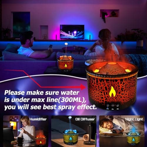 Cechlicht Volcano Diffuser, Essential Oil Diffuser 300ml Volcano Humidifier with Flame & Volcano Mist Mode, 2 Colors, Timer, Auto Shut-Off, Remote Control, Flame Diffusers for Home Bedroom Black 6