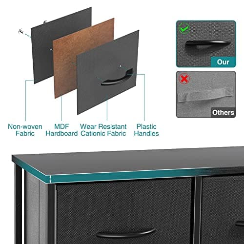 Dresser, Dresser for Bedroom, Drawer Dresser Organizer Storage Drawers Fabric Dresser with 5 Drawers, Chest of Drawers with Fabric Bins, Long Dresser with Wood Top for Bedroom, Closet, Entryway 5