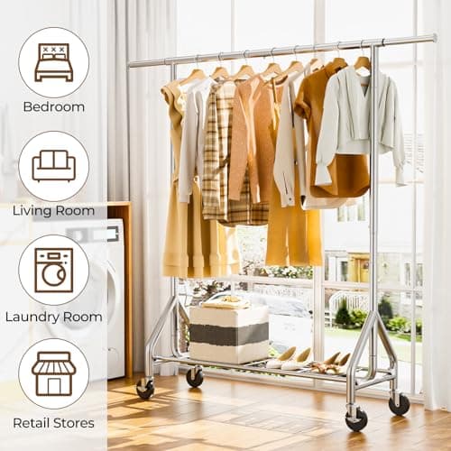 HYSEYY Heavy Duty Clothes Rack Load 450 LBS, Metal Garment Rack, Standing Rolling Clothing Rack for Hanging Clothes with Sturdy Wheels & Shelves, Portable Closet Wardrobe Rack,Sliver 7