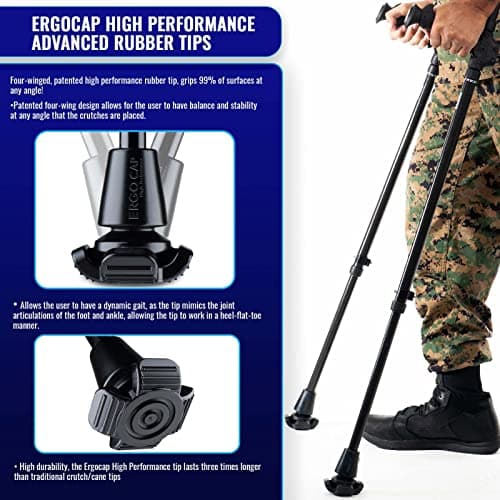 Ergobaum Dual Underarm Crutches for Adults (1 Pair-2 Units) NSN Military Certified, Triple Shock Absorption, Foldable, Adjustable 5'–6'6", Supports Up To 380 lbs | Ergonomic Padded Arm Support (Black) 5