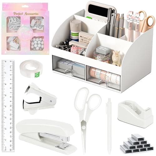 COMFYROOM Desk Accessories with Pen Holder, Office Supplies Desk Organizers and Accessories, Tape Dispenser, Stapler, Staple Remover, Staples, Clips Set, Ruler, Scissor, Pen, Tape (White)