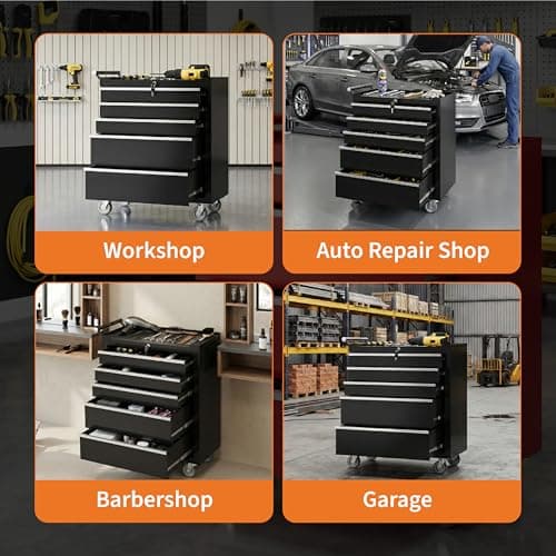 GarveeTech 5-Drawer Tool Chest, Rolling Tool Box with Wheels and Lock System, Portable Storage Rolling Tool Chest for Warehouse, Workshop & Repair Shop, Black 7