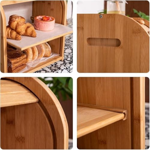 UIELPT Double Layer Large Bread Box for Kitchen Counter,Bamboo Big Capacity Bread Storage Bin,Counter-Large Capacity Bread Storage Container Farmhouse Bread Box with Flexible Sliding Door 5