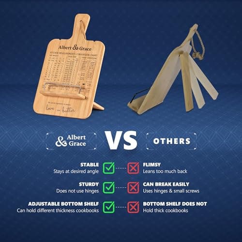 Albert&Grace Adjustable Bamboo Cookbook Stand with Conversion Chart – Recipe Book Holder for Kitchen Counter, Large Wooden Stand for Cookbooks, Tablets, & iPads 6