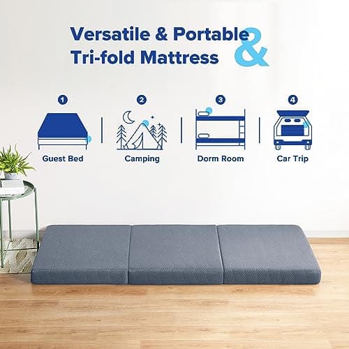 Olee Sleep Tri-Folding Memory Foam Mattress Topper, 4 Inch Gel Folding Mattress for Camping, Foldable Guest Bed, Washable Cover, CertiPUR-US Certified, Soft, Grey, Single Size 5