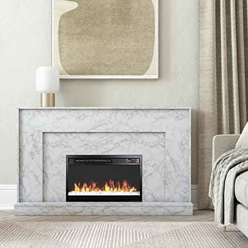 CosmoLiving by Cosmopolitan Liberty 52 Inch Electric Fireplace with Mantel, Replaceable Fireplace Insert Heater, Remote Control, Timer, Color Changing Crystal Ember Flames, White Marble 6