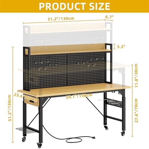 DWVO 60" Adjustable Workbench with Pegboard, Heavy Duty Wood Top Work Bench with Wheels, 1600 LBS Load Capacity, Rolling Work Table with AC/USB Outlet, Hooks, Rack for Garage, Workshop, Office, Home 5