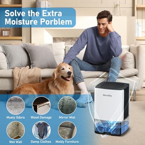 NineSky Dehumidifier for Home, 35oz Water Tank (300 sq.ft), Small Dehumidifiers for Bathroom, Bedroom, Basement with 7 Colorful Lights, Auto Shut Off, White 7