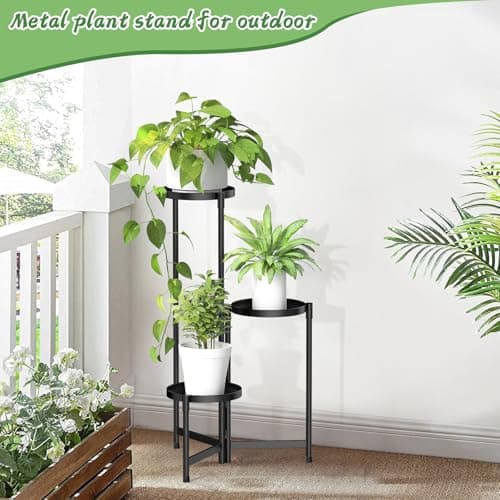MOKANI Metal Plant Stand Indoor Outdoor for Multiple Plants, 3 Tiered Folding Corner Shelf Tall Flower Pot Holder Display Rack for Patio Living Room Balcony Garden, Black 7